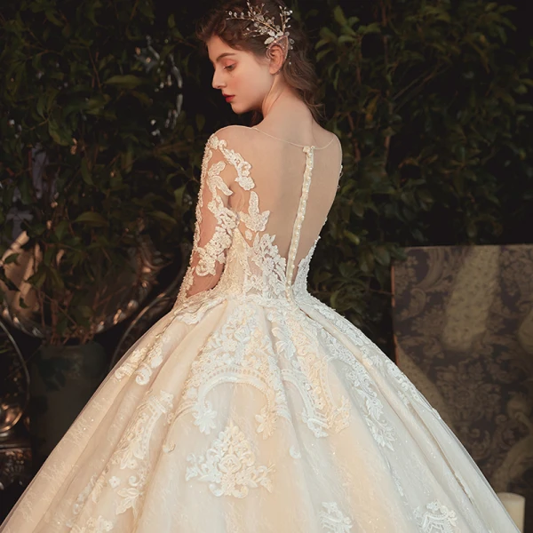 Charming Champagne See-through Bridal Wedding Dresses 2020 Ball Gown Scoop Neck 3/4 Sleeve Appliques Lace Beading Pearl Cathedral Train Ruffle