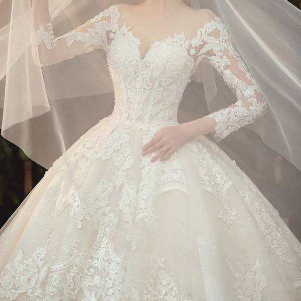 Charming Champagne See-through Bridal Wedding Dresses 2020 Ball Gown Scoop Neck 3/4 Sleeve Appliques Lace Beading Pearl Cathedral Train Ruffle