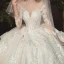 Charming Champagne See-through Bridal Wedding Dresses 2020 Ball Gown Scoop Neck 3/4 Sleeve Appliques Lace Beading Pearl Cathedral Train Ruffle
