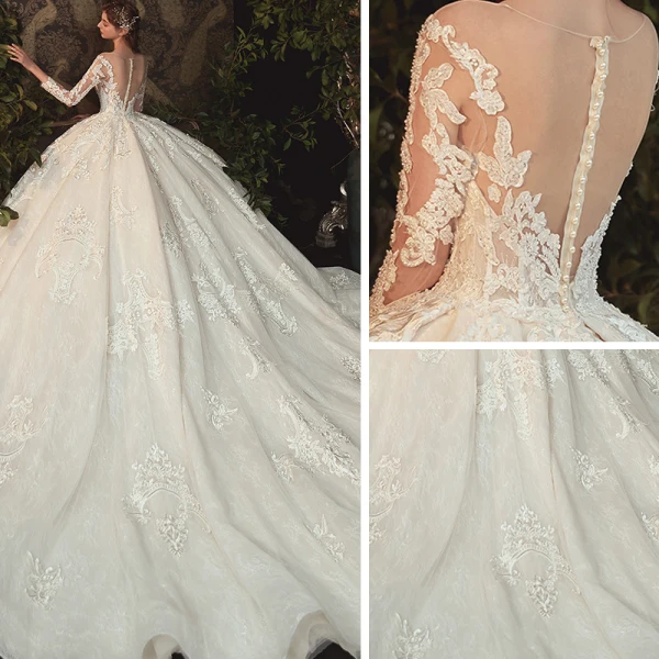 Charming Champagne See-through Bridal Wedding Dresses 2020 Ball Gown Scoop Neck 3/4 Sleeve Appliques Lace Beading Pearl Cathedral Train Ruffle