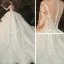Charming Champagne See-through Bridal Wedding Dresses 2020 Ball Gown Scoop Neck 3/4 Sleeve Appliques Lace Beading Pearl Cathedral Train Ruffle