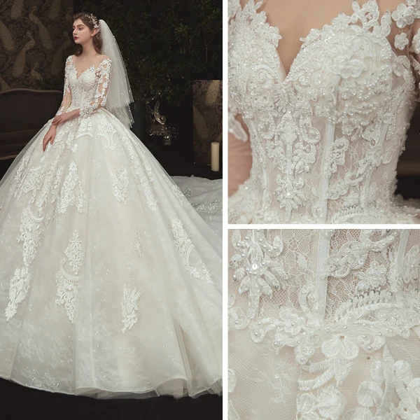 Charming Champagne See-through Bridal Wedding Dresses 2020 Ball Gown Scoop Neck 3/4 Sleeve Appliques Lace Beading Pearl Cathedral Train Ruffle