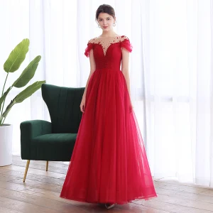Elegant Burgunder Dancing Ballkjoler 2020 Prinsesse Gjennomsiktig Scoop Halsen Korte Ermer Beading Lange Buste Ryggløse Formelle Kjoler