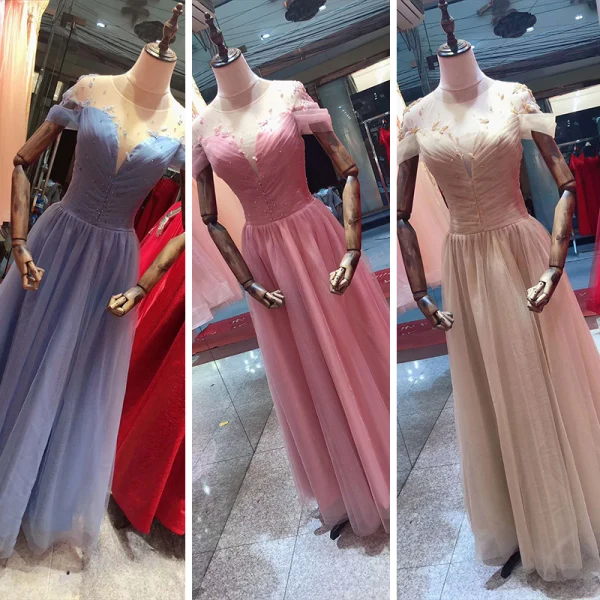 Elegant Burgundy Dancing Prom Dresses 2020 A-Line / Princess See-through Scoop Neck Short Sleeve Beading Floor-Length / Long Ruffle Backless Formal Dresses