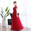 Elegant Burgundy Dancing Prom Dresses 2020 A-Line / Princess See-through Scoop Neck Short Sleeve Beading Floor-Length / Long Ruffle Backless Formal Dresses