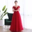 Elegant Burgundy Dancing Prom Dresses 2020 A-Line / Princess See-through Scoop Neck Short Sleeve Beading Floor-Length / Long Ruffle Backless Formal Dresses