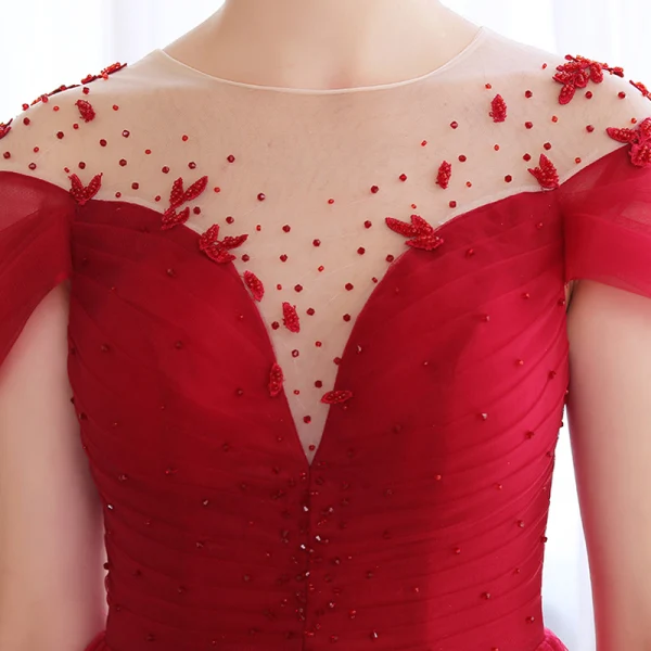 Elegant Burgundy Dancing Prom Dresses 2020 A-Line / Princess See-through Scoop Neck Short Sleeve Beading Floor-Length / Long Ruffle Backless Formal Dresses