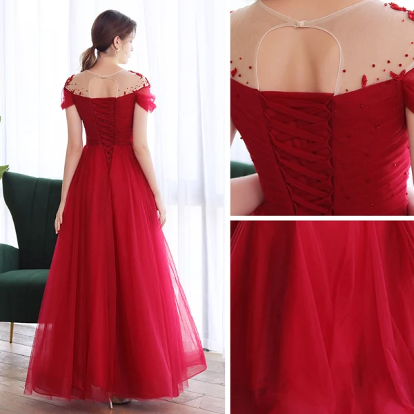 Elegant Burgundy Dancing Prom Dresses 2020 A-Line / Princess See-through Scoop Neck Short Sleeve Beading Floor-Length / Long Ruffle Backless Formal Dresses