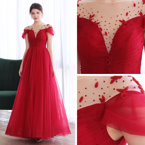 Elegant Burgundy Dancing Prom Dresses 2020 A-Line / Princess See-through Scoop Neck Short Sleeve Beading Floor-Length / Long Ruffle Backless Formal Dresses