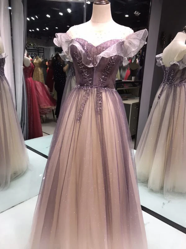 Élégant Marron Dansant Robe De Bal 2020 Princesse Transparentes Encolure Carrée Sans Manches Perlage Glitter Tulle Longue Volants Dos Nu Robe De Ceremonie