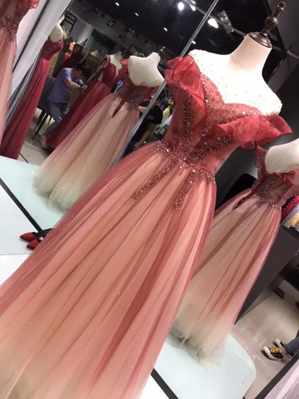 Élégant Marron Dansant Robe De Bal 2020 Princesse Transparentes Encolure Carrée Sans Manches Perlage Glitter Tulle Longue Volants Dos Nu Robe De Ceremonie