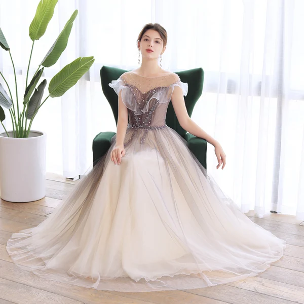 Élégant Marron Dansant Robe De Bal 2020 Princesse Transparentes Encolure Carrée Sans Manches Perlage Glitter Tulle Longue Volants Dos Nu Robe De Ceremonie