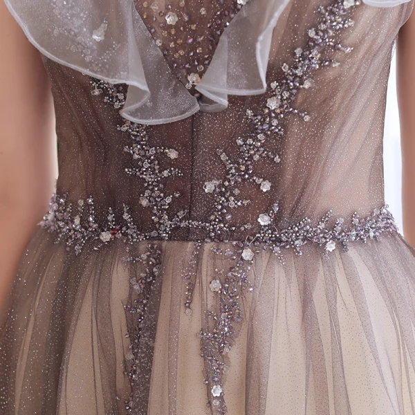 Élégant Marron Dansant Robe De Bal 2020 Princesse Transparentes Encolure Carrée Sans Manches Perlage Glitter Tulle Longue Volants Dos Nu Robe De Ceremonie