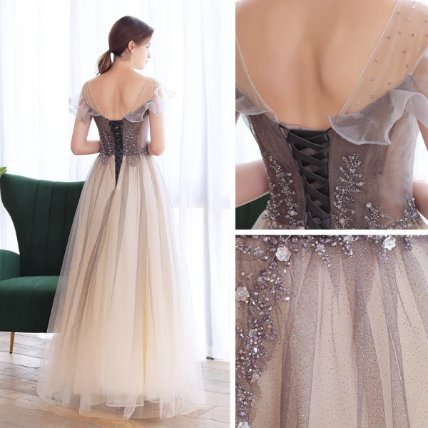 Élégant Marron Dansant Robe De Bal 2020 Princesse Transparentes Encolure Carrée Sans Manches Perlage Glitter Tulle Longue Volants Dos Nu Robe De Ceremonie