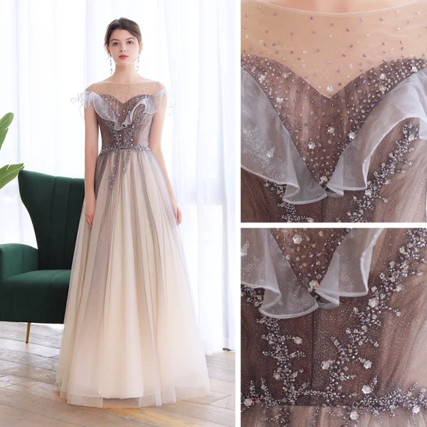 Élégant Marron Dansant Robe De Bal 2020 Princesse Transparentes Encolure Carrée Sans Manches Perlage Glitter Tulle Longue Volants Dos Nu Robe De Ceremonie