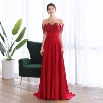 High End Burgunder Selskapskjoler 2020 Prinsesse Gjennomsiktig Firkantet Hals Korte Ermer Beading Rhinestone Feie Tog Buste Ryggløse Formelle Kjoler