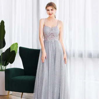 Illusion Gris Dansant Robe De Bal 2020 Princesse Bretelles Spaghetti Sans Manches Appliques En Dentelle Perlage Glitter Tulle Longue Volants Dos Nu Robe De Ceremonie