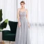 Illusion Grey Dancing Prom Dresses 2020 A-Line / Princess Spaghetti Straps Sleeveless Appliques Lace Beading Glitter Tulle Floor-Length / Long Ruffle Backless Formal Dresses