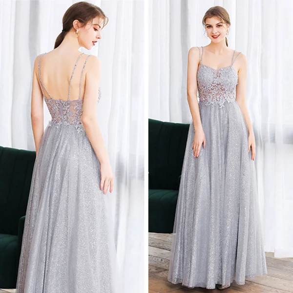 Illusion Grey Dancing Prom Dresses 2020 A-Line / Princess Spaghetti Straps Sleeveless Appliques Lace Beading Glitter Tulle Floor-Length / Long Ruffle Backless Formal Dresses