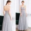 Illusion Grey Dancing Prom Dresses 2020 A-Line / Princess Spaghetti Straps Sleeveless Appliques Lace Beading Glitter Tulle Floor-Length / Long Ruffle Backless Formal Dresses