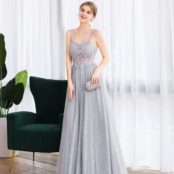 Illusion Grey Dancing Prom Dresses 2020 A-Line / Princess Spaghetti Straps Sleeveless Appliques Lace Beading Glitter Tulle Floor-Length / Long Ruffle Backless Formal Dresses