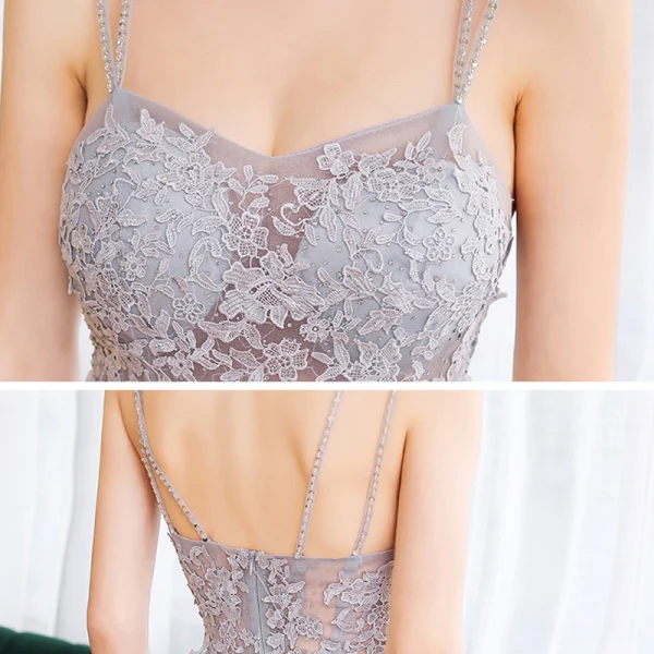 Illusion Grey Dancing Prom Dresses 2020 A-Line / Princess Spaghetti Straps Sleeveless Appliques Lace Beading Glitter Tulle Floor-Length / Long Ruffle Backless Formal Dresses