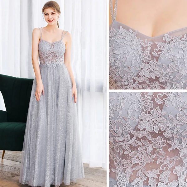 Illusion Grey Dancing Prom Dresses 2020 A-Line / Princess Spaghetti Straps Sleeveless Appliques Lace Beading Glitter Tulle Floor-Length / Long Ruffle Backless Formal Dresses