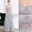 Illusion Grey Dancing Prom Dresses 2020 A-Line / Princess Spaghetti Straps Sleeveless Appliques Lace Beading Glitter Tulle Floor-Length / Long Ruffle Backless Formal Dresses