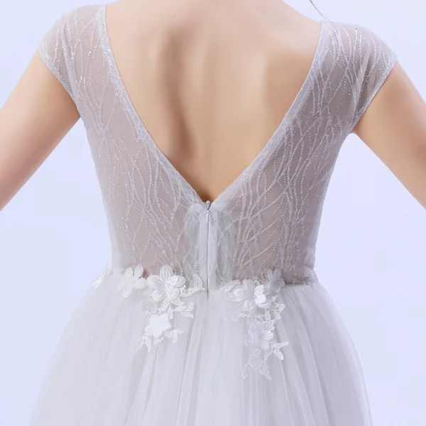 Weiß Garten / Im Freien Leichtes Brautkleider / Hochzeitskleider 2020 A Linie Tiefer V-Ausschnitt Ärmellos Rückenfreies Applikationen Spitze Blumen Perlenstickerei Gespaltete Front Lange Rüschen