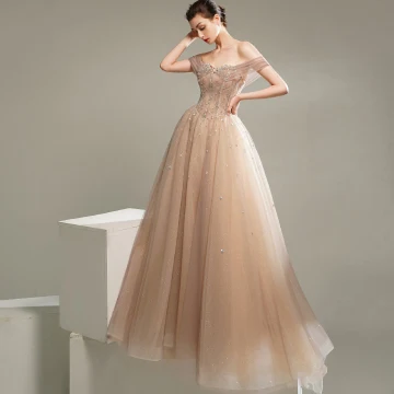 Classy Champagne Dancing Prom Dresses 2020 A Line Princess Short Sleeve Off The Shoulder Beading Glitter Tulle Sweep Train Ruffle Backless Formal Dresses