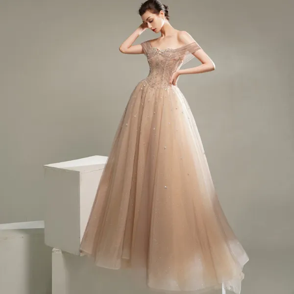 Classy Champagne Dancing Prom Dresses 2020 A-Line / Princess Short Sleeve Off-The-Shoulder Beading Glitter Tulle Sweep Train Ruffle Backless Formal Dresses