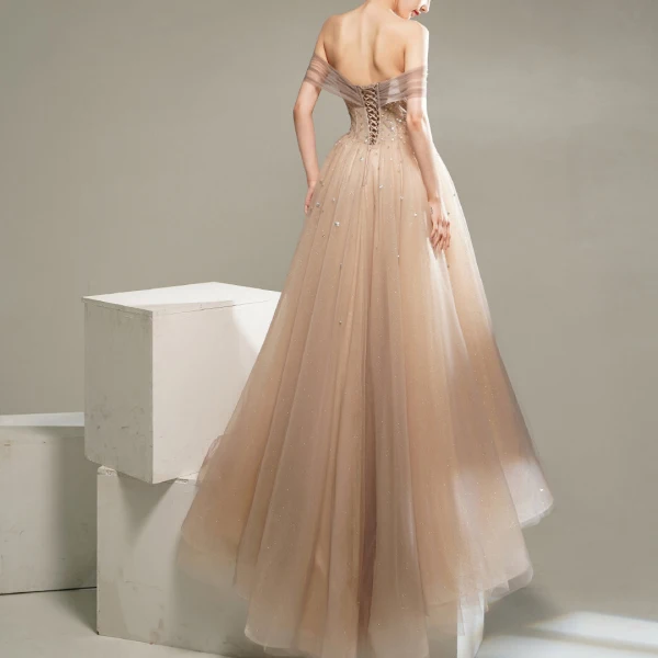 Edles Champagner Tanzen Ballkleider 2020 A Linie Kurze Ärmel Off Shoulder Perlenstickerei Glanz Tülle Sweep / Pinsel Zug Rüschen Rückenfreies Festliche Kleider
