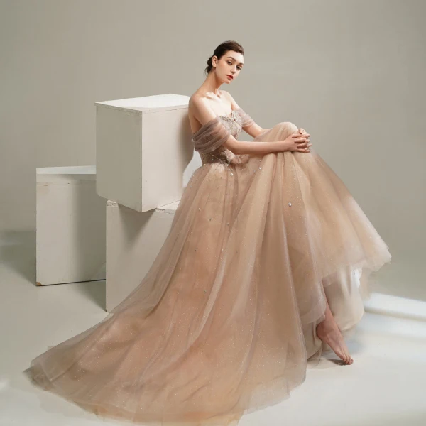 Edles Champagner Tanzen Ballkleider 2020 A Linie Kurze Ärmel Off Shoulder Perlenstickerei Glanz Tülle Sweep / Pinsel Zug Rüschen Rückenfreies Festliche Kleider