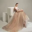 Edles Champagner Tanzen Ballkleider 2020 A Linie Kurze Ärmel Off Shoulder Perlenstickerei Glanz Tülle Sweep / Pinsel Zug Rüschen Rückenfreies Festliche Kleider