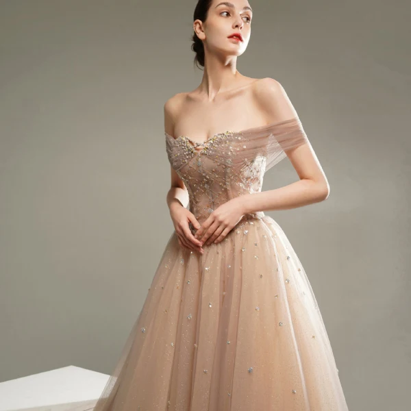Edles Champagner Tanzen Ballkleider 2020 A Linie Kurze Ärmel Off Shoulder Perlenstickerei Glanz Tülle Sweep / Pinsel Zug Rüschen Rückenfreies Festliche Kleider