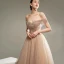 Edles Champagner Tanzen Ballkleider 2020 A Linie Kurze Ärmel Off Shoulder Perlenstickerei Glanz Tülle Sweep / Pinsel Zug Rüschen Rückenfreies Festliche Kleider