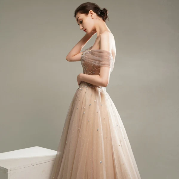 Edles Champagner Tanzen Ballkleider 2020 A Linie Kurze Ärmel Off Shoulder Perlenstickerei Glanz Tülle Sweep / Pinsel Zug Rüschen Rückenfreies Festliche Kleider