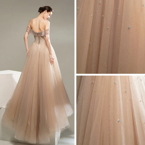 Edles Champagner Tanzen Ballkleider 2020 A Linie Kurze Ärmel Off Shoulder Perlenstickerei Glanz Tülle Sweep / Pinsel Zug Rüschen Rückenfreies Festliche Kleider