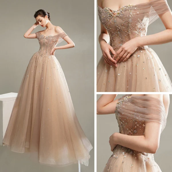 Edles Champagner Tanzen Ballkleider 2020 A Linie Kurze Ärmel Off Shoulder Perlenstickerei Glanz Tülle Sweep / Pinsel Zug Rüschen Rückenfreies Festliche Kleider