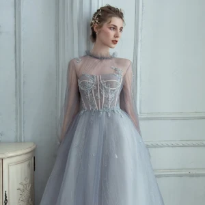 High End Grey See Through Prom Dresses 2020 A Line Princess High Neck Puffy Long Sleeve Beading Glitter Tulle Sweep Train Ruffle Backless Formal Dresses