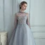 High-end Grey See-through Prom Dresses 2020 A-Line / Princess High Neck Puffy Long Sleeve Beading Glitter Tulle Sweep Train Ruffle Backless Formal Dresses