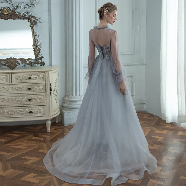 High-end Grey See-through Prom Dresses 2020 A-Line / Princess High Neck Puffy Long Sleeve Beading Glitter Tulle Sweep Train Ruffle Backless Formal Dresses