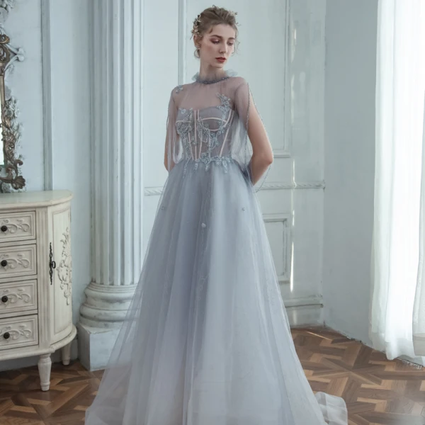 High-end Grey See-through Prom Dresses 2020 A-Line / Princess High Neck Puffy Long Sleeve Beading Glitter Tulle Sweep Train Ruffle Backless Formal Dresses