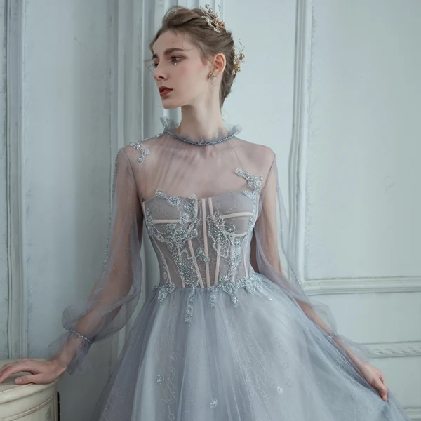 High-end Grey See-through Prom Dresses 2020 A-Line / Princess High Neck Puffy Long Sleeve Beading Glitter Tulle Sweep Train Ruffle Backless Formal Dresses