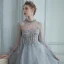 High-end Grey See-through Prom Dresses 2020 A-Line / Princess High Neck Puffy Long Sleeve Beading Glitter Tulle Sweep Train Ruffle Backless Formal Dresses