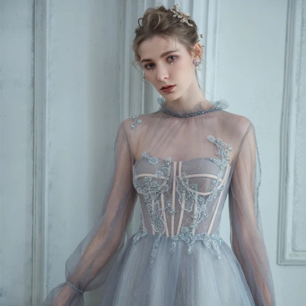 High-end Grey See-through Prom Dresses 2020 A-Line / Princess High Neck Puffy Long Sleeve Beading Glitter Tulle Sweep Train Ruffle Backless Formal Dresses
