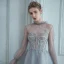 High-end Grey See-through Prom Dresses 2020 A-Line / Princess High Neck Puffy Long Sleeve Beading Glitter Tulle Sweep Train Ruffle Backless Formal Dresses