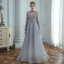High-end Grey See-through Prom Dresses 2020 A-Line / Princess High Neck Puffy Long Sleeve Beading Glitter Tulle Sweep Train Ruffle Backless Formal Dresses
