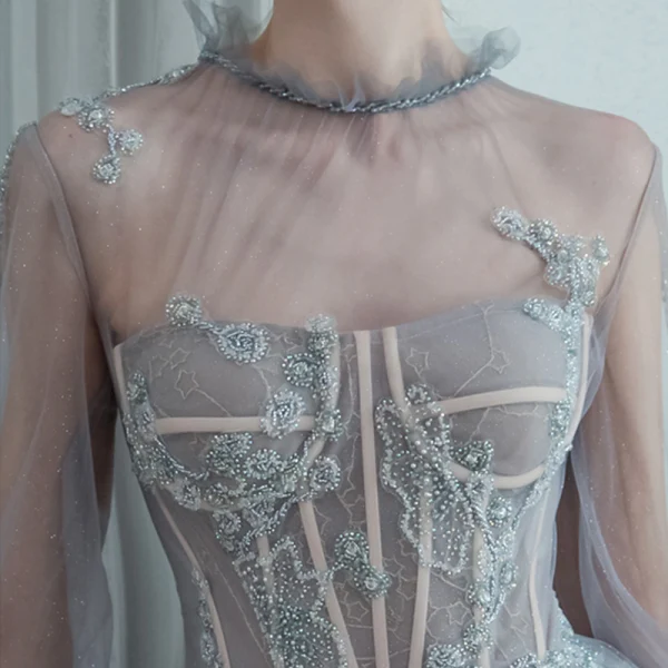 High-end Grey See-through Prom Dresses 2020 A-Line / Princess High Neck Puffy Long Sleeve Beading Glitter Tulle Sweep Train Ruffle Backless Formal Dresses