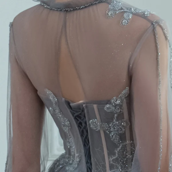 High-end Grey See-through Prom Dresses 2020 A-Line / Princess High Neck Puffy Long Sleeve Beading Glitter Tulle Sweep Train Ruffle Backless Formal Dresses
